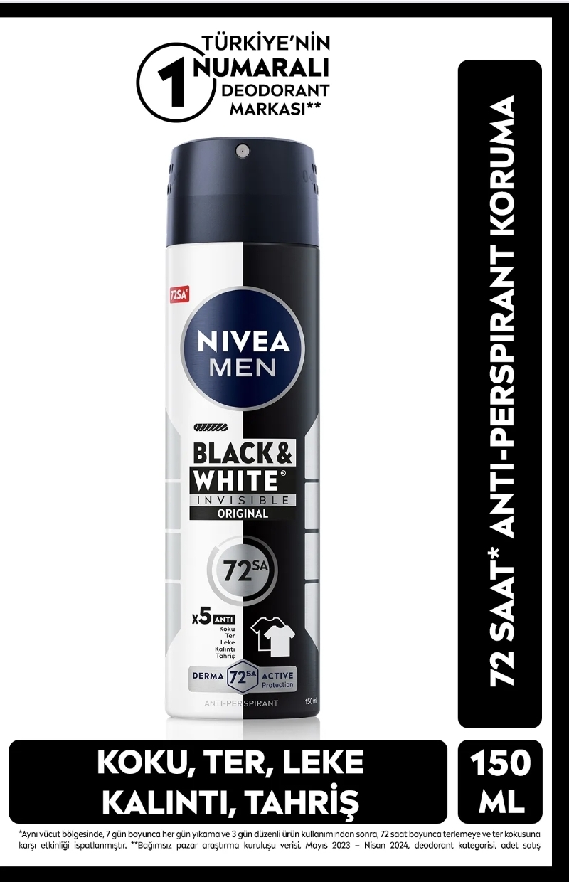 اسپری دئودورانت مردانه نیوآ من بلک اندوایت اینویزیبل اورجینال ۱۵۰ میلی لیتر ، ۷۲ ساعت محافظت در برابر تعریق