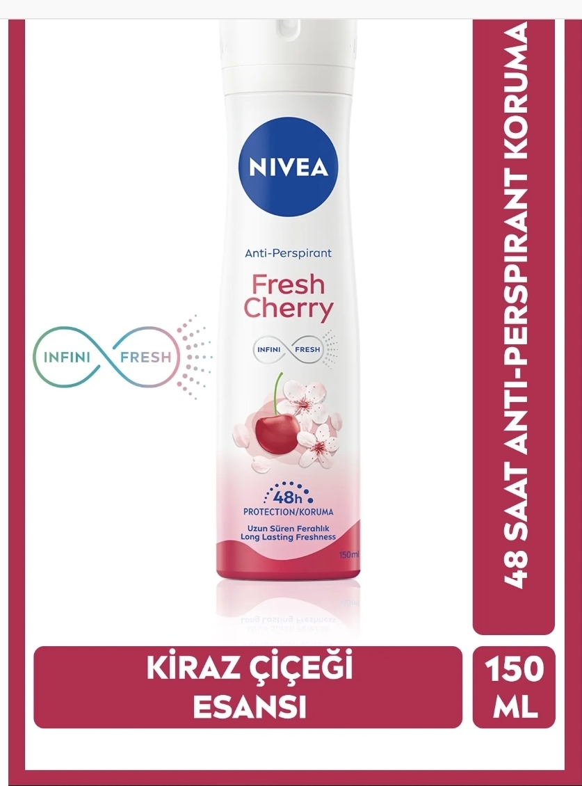 اسپری دئودورانت زنانه نیوآ مدل Fresh Cherry حجم ۱۵۰ میلی لیتر، حس تازگی در تمام طول روز ، رایحه گیلاس ،ماندگاری ۴۸ ساعته